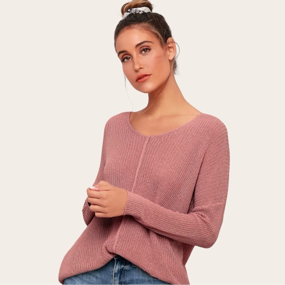 Lulu's | Eloise Dusty Pink V-Neck Loose Knit Sweater | Sz S - Picture 3 of 9